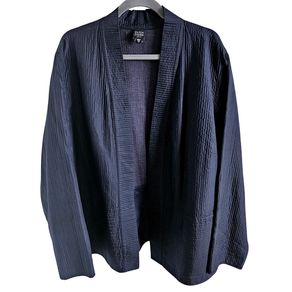 Eileen Fisher Woman Navy Blue 100% Silk Textured Jacket 3X Designer Luxury
